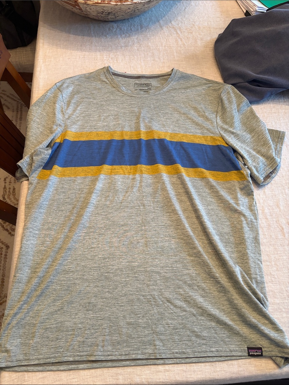 Patagonia Men's Gray Short-Sleeve Tee with Blue and Mustard Stripes